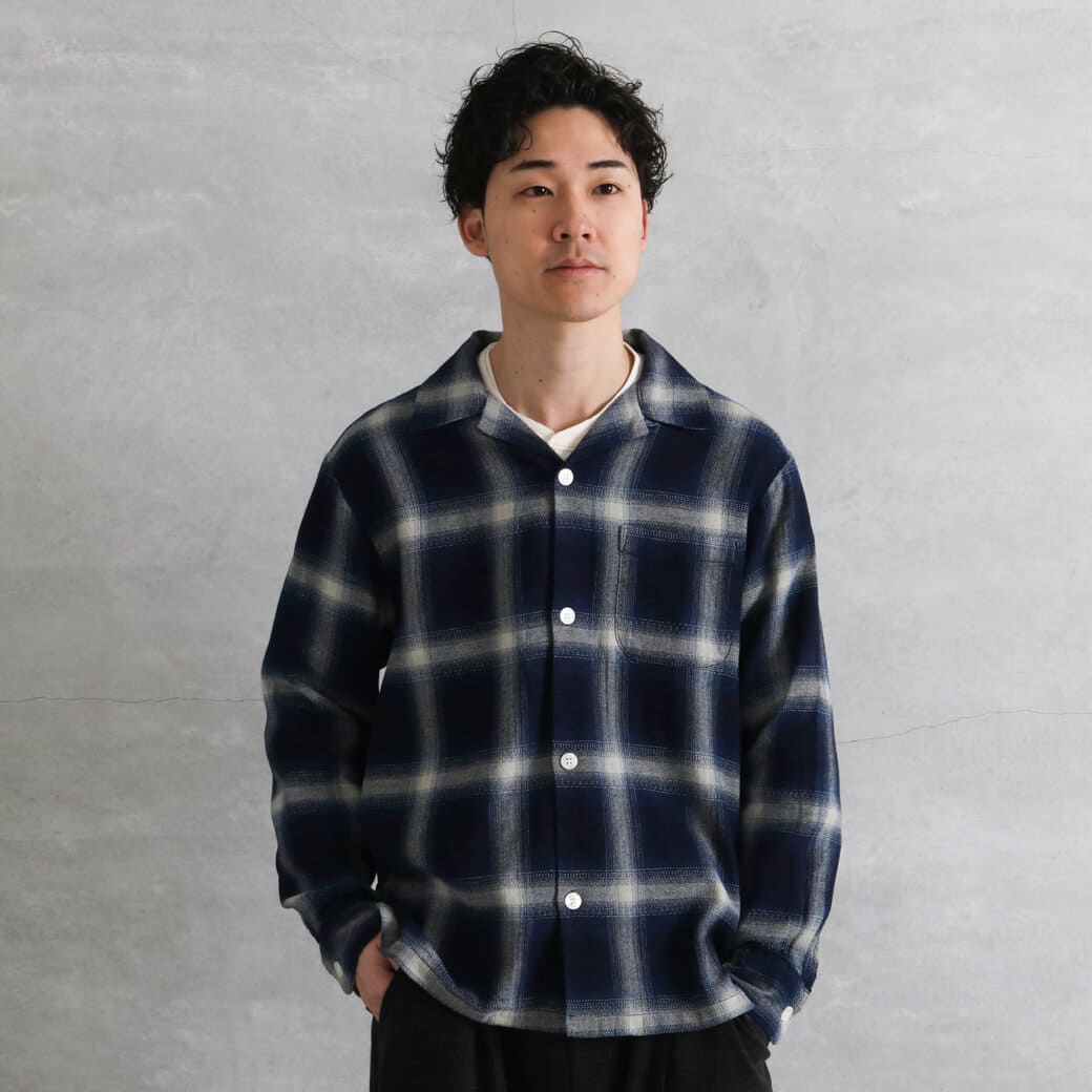 HOUSTON ヒューストン インディゴヘリンボーンオンブレーチェック長袖シャツ