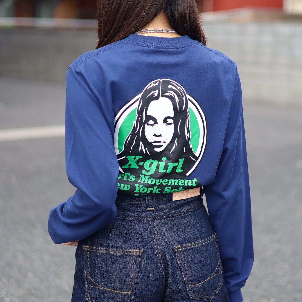 X-girl エックスガール メッセ―ジアンドフェイスサークルロゴロングスリーブTシャツ